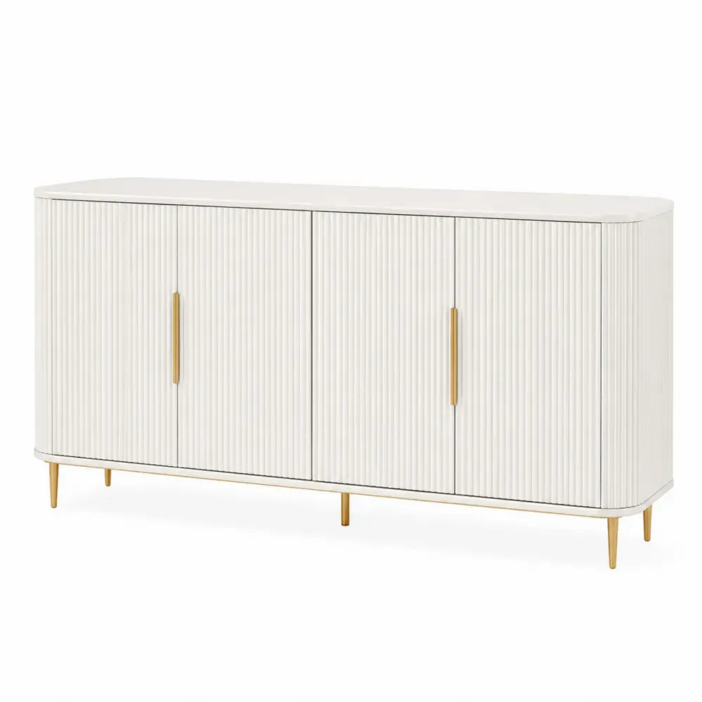 Aparador de comedor de 4 puertas de MDF lacado con relieve acanalado color crema patas metálicas doradas 160 cm x 40 cm x 80 cm