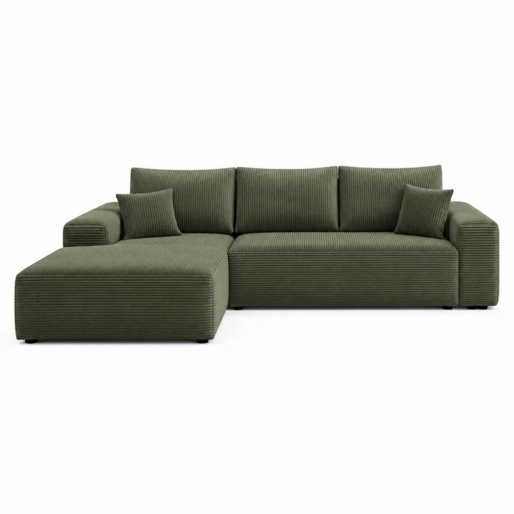 Sofá esquinero modular de 3 plazas con chaise longue izquierda tapizado en pana de poliéster verde con cojines y reposabrazos cuadrados 260 x 160 x 85 cm