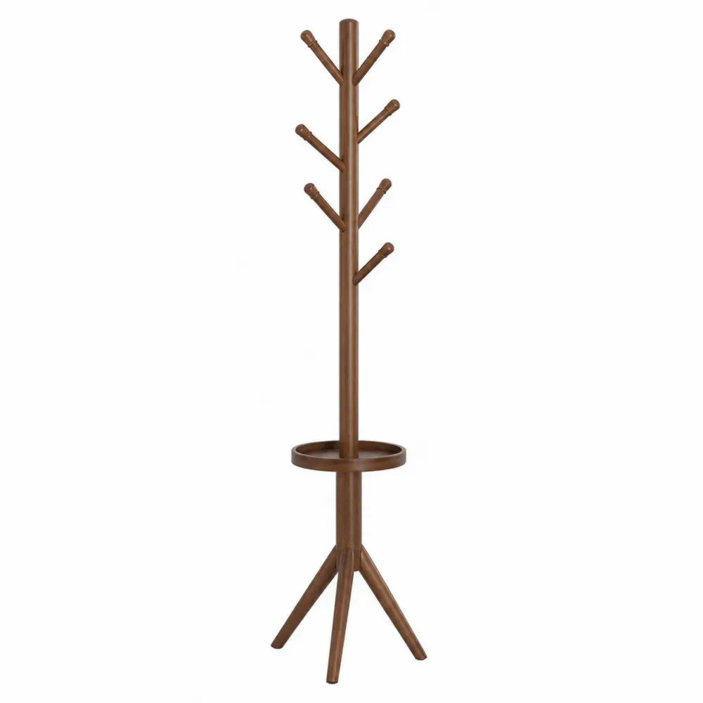 Perchero de pie tipo árbol de madera de caucho con base trípode bandeja circular y 8 ganchos marrón 45 x 45 x 175 cm