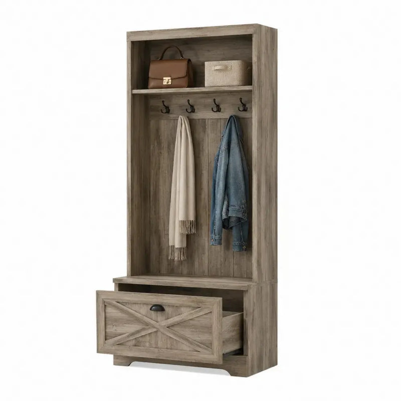 Perchero de entrada con cajón y estantes 80x40x180 cm madera ingeniería roble grisáceo con ganchos metálicos y almacenamiento superior