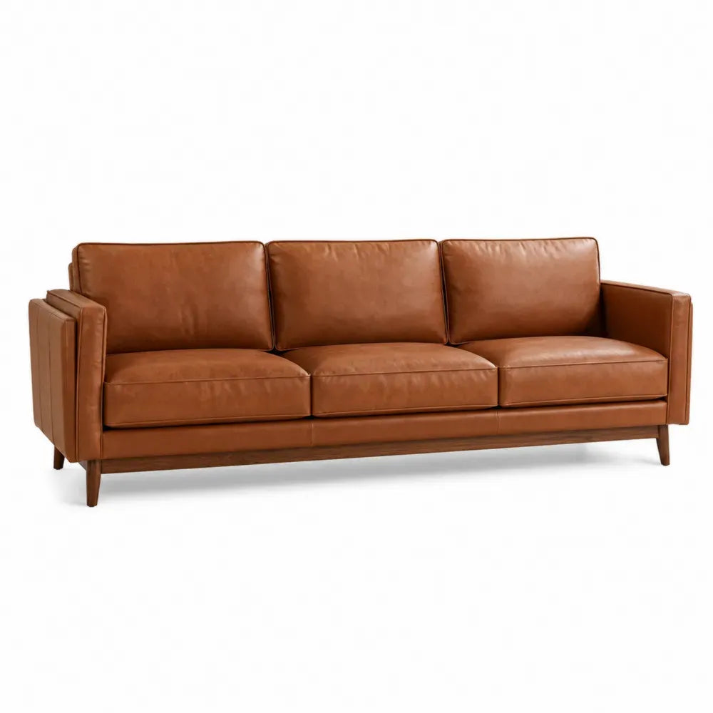 Sofá recto de 3 plazas tapizado en piel sintética PU marrón con reposabrazos cuadrados cojines acolchados y patas de madera 210 x 85 x 85 cm