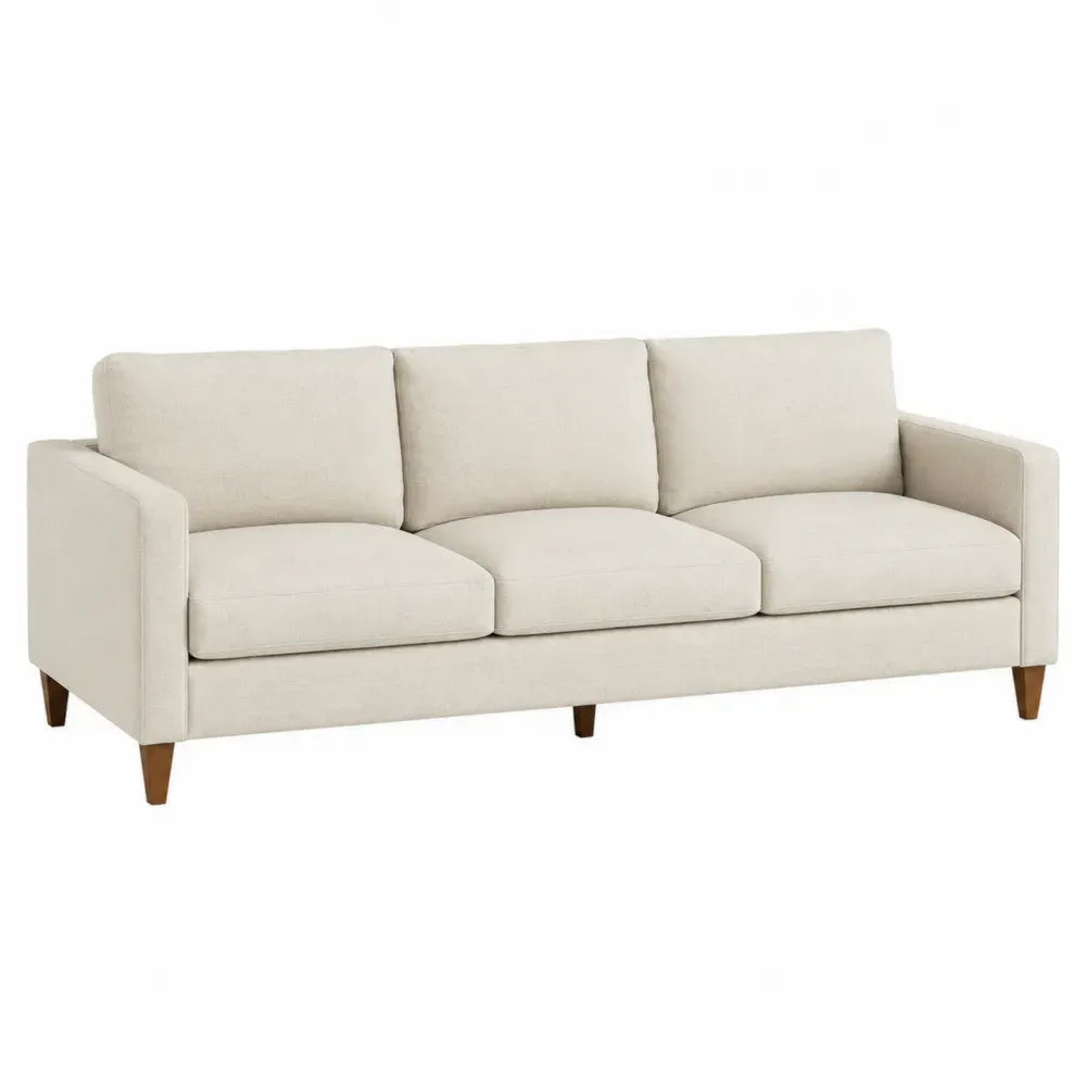 Sofá recto de 3 plazas tapizado en tela de poliéster beige con reposabrazos cuadrados cojines acolchados y patas de madera marrón 210 x 85 x 90 cm