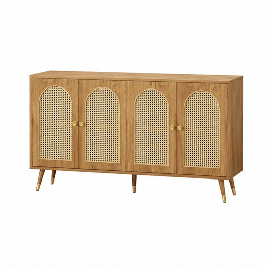 Aparador de comedor rectangular de MDF con chapa de roble 4 puertas de ratán color madera natural 160 cm