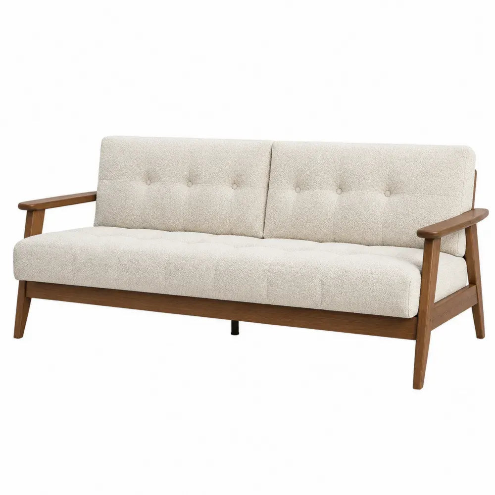 Sofá de 3 plazas tapizado en tejido bouclé de poliéster beige con respaldo capitoné reposabrazos de madera natural y patas inclinadas 200 x 85 x 88 cm
