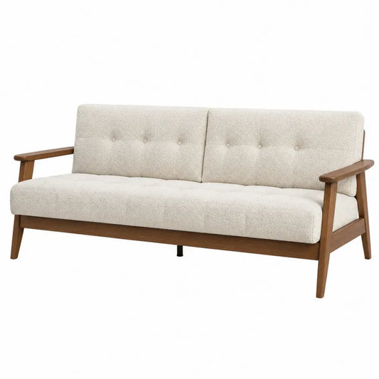 Sofá de 3 plazas tapizado en tejido bouclé de poliéster beige con respaldo capitoné reposabrazos de madera natural y patas inclinadas 200 x 85 x 88 cm