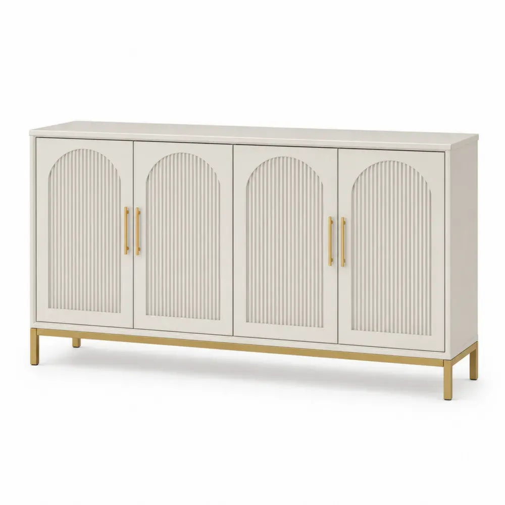 Aparador y buffet de 4 puertas de MDF con relieve arqueado estilo moderno color beige con patas metálicas doradas 160 cm x 40 cm x 85 cm