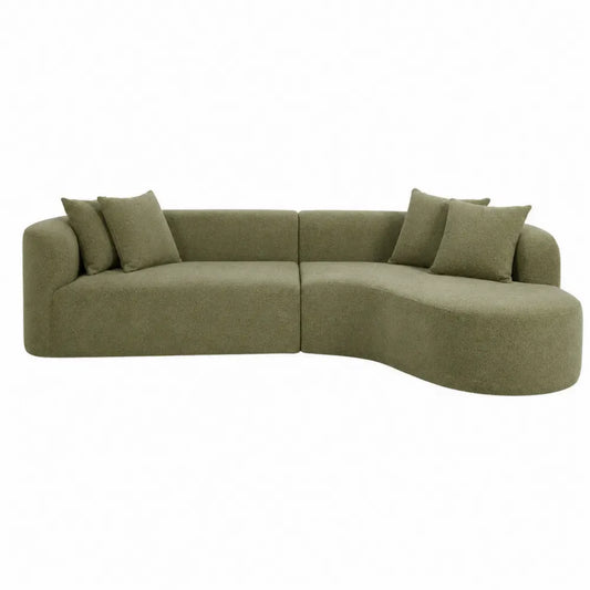 Sofá modular en forma de L con chaise longue derecha tapizado en tejido bouclé de poliéster verde con cojines 280 x 160 x 85 cm
