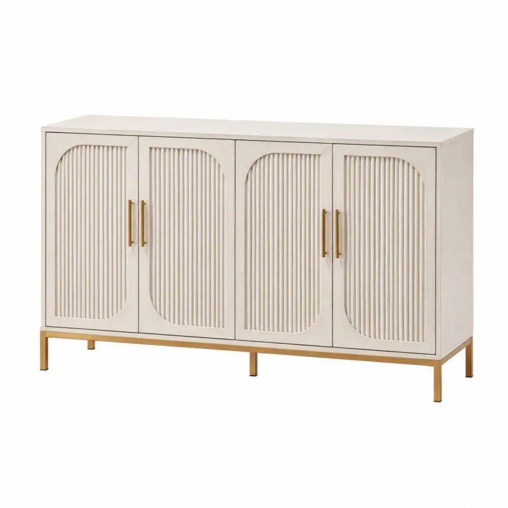 Aparador y buffet de 4 puertas de MDF con paneles acanalados arqueados color crema patas metálicas doradas 160 cm x 40 cm x 85 cm