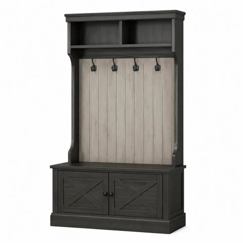 Mueble recibidor vertical de MDF con perchero banco y armario inferior negro y gris madera 100 x 40 x 180 cm