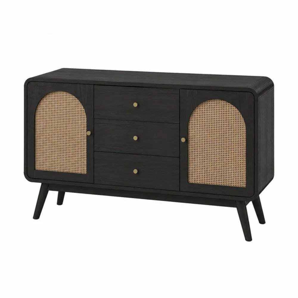 aparador buffet 160 cm madera MDF acabado negro con 3 cajones 2 puertas de ratán natural patas inclinadas metálicas