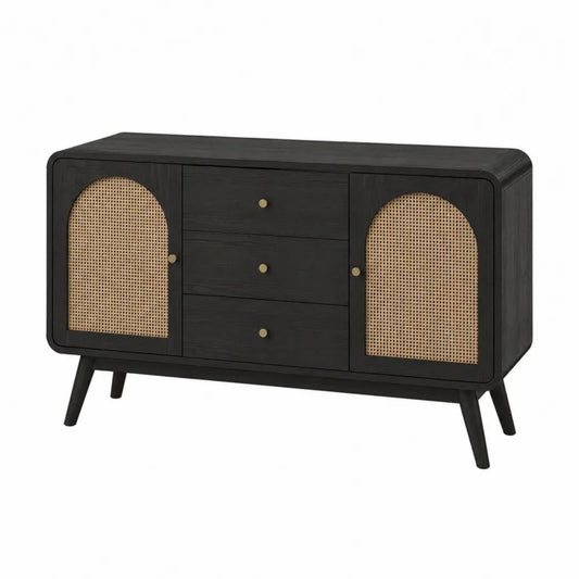aparador buffet 160 cm madera MDF acabado negro con 3 cajones 2 puertas de ratán natural patas inclinadas metálicas