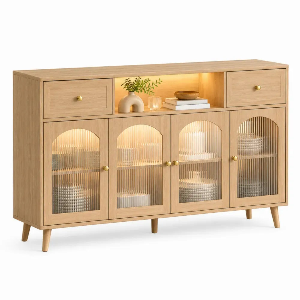 Aparador de comedor rectangular de MDF con chapa de roble vidrio acanalado roble natural 160 cm