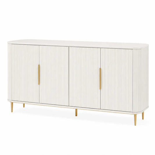 Aparador de comedor de 4 puertas de MDF lacado con relieve acanalado color crema patas metálicas doradas 160 cm x 40 cm x 80 cm
