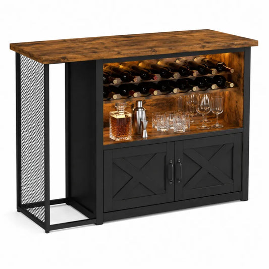 aparador con botellero de vino y copas MDF y acero negro madera oscura 140 cm estructura industrial rectangular