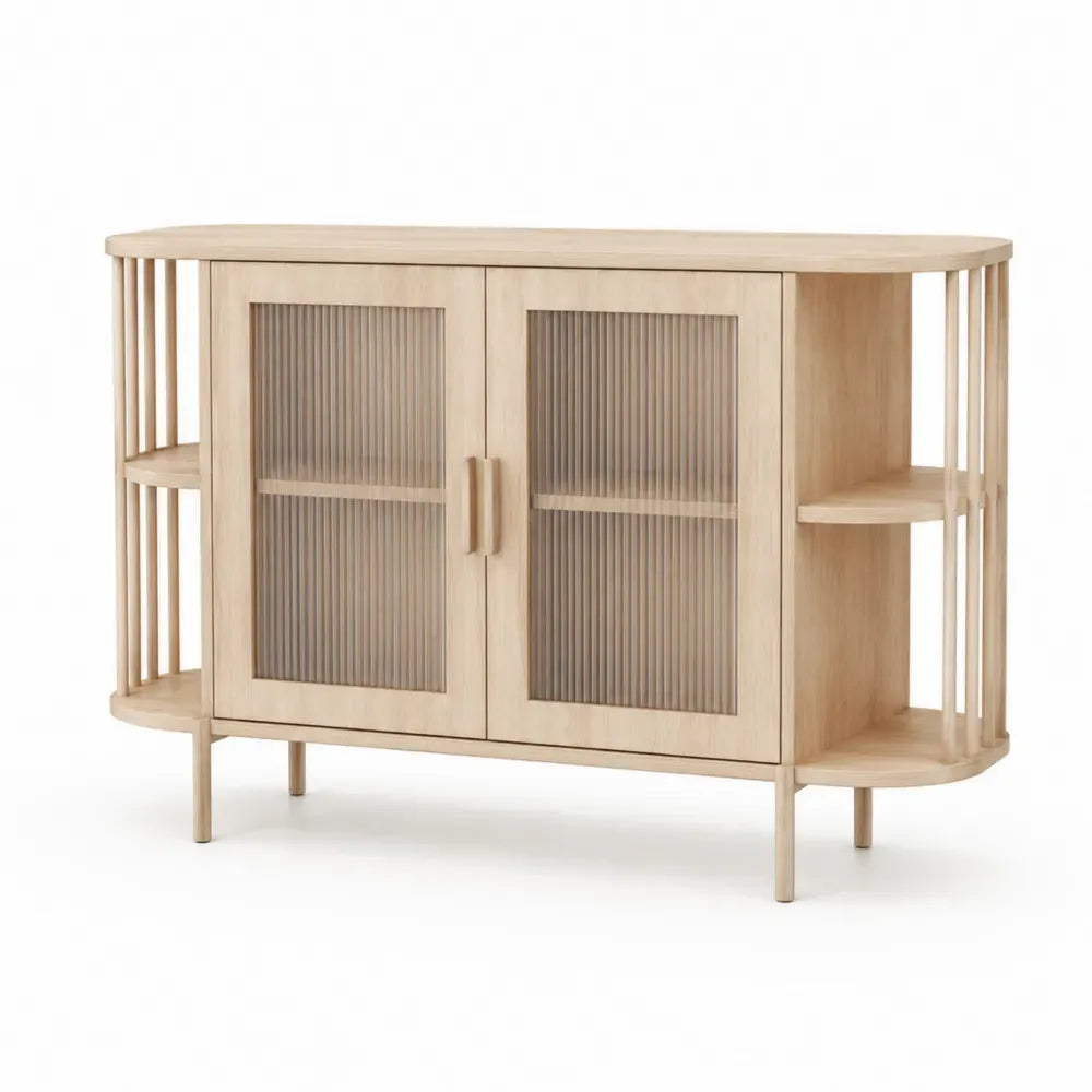 Aparador de comedor rectangular de MDF con chapa de roble vidrio acanalado roble claro 150 cm