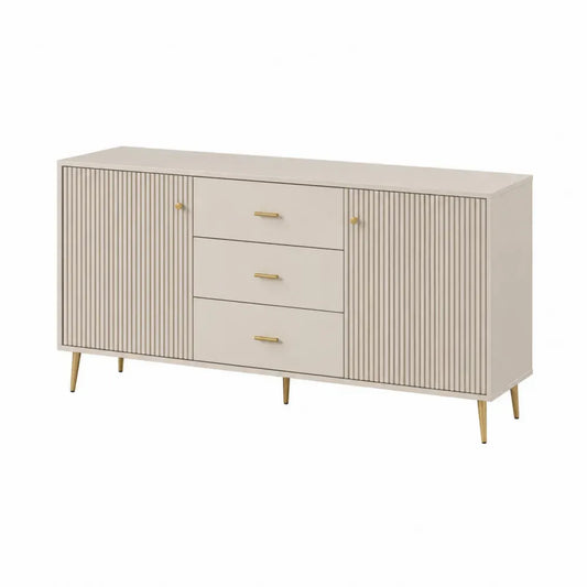 Aparador de comedor rectangular de MDF laminado beige con 2 puertas acanaladas y 3 cajones 160 cm