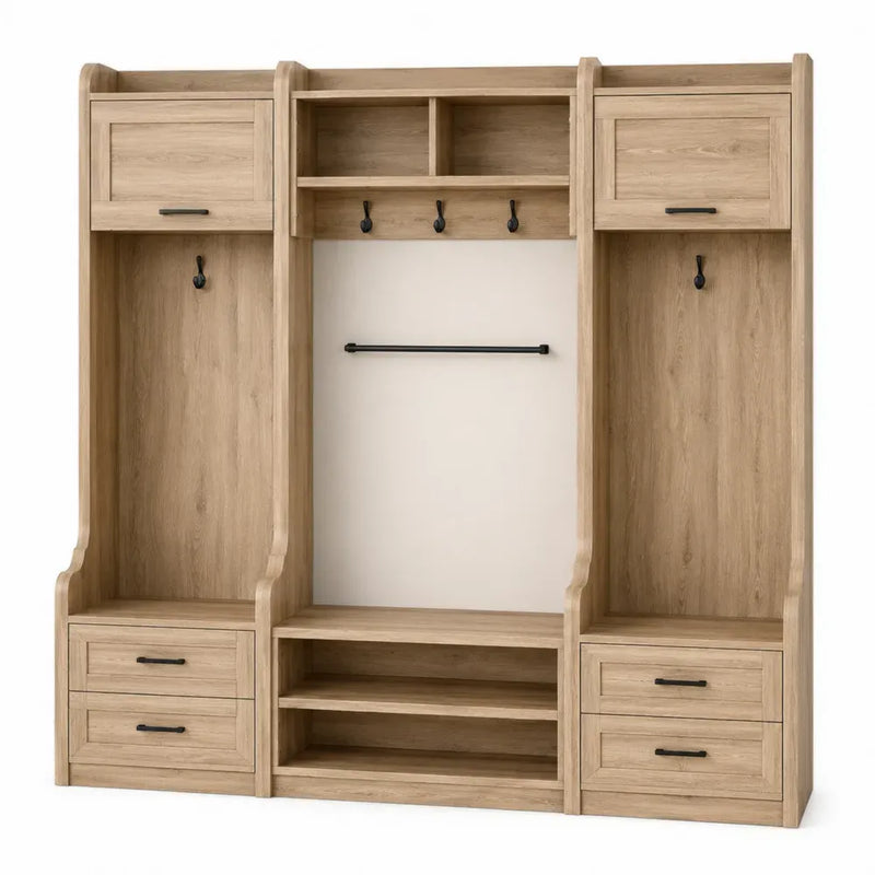 Mueble de entrada con perchero zapatero MDF madera natural ganchos metálicos negro armarios laterales 120x40x180 cm