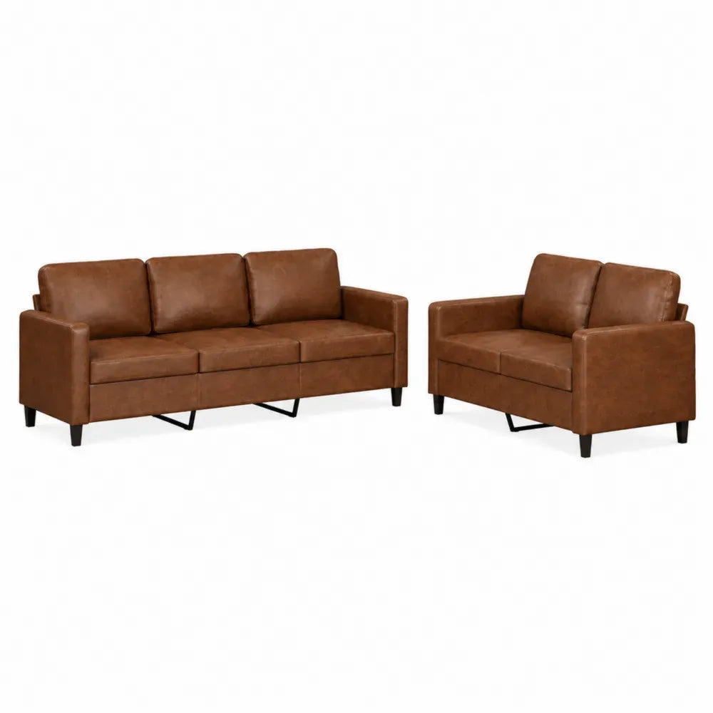 Conjunto de sofás de 3 plazas y 2 plazas tapizados en piel sintética marrón con estructura de madera y patas de madera 200 x 80 x 85 cm y 140 x 80 x 85 cm