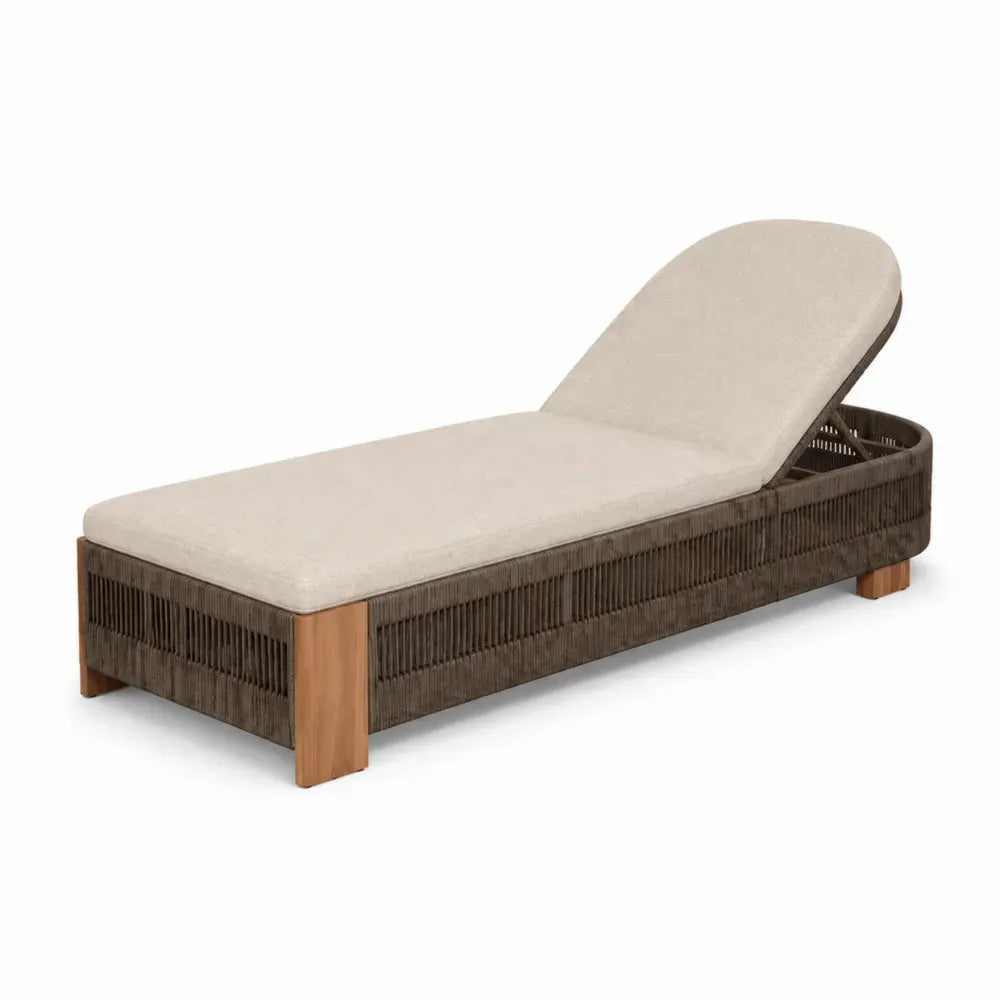 Tumbona de exterior 200x70x85 cm ratán PE aluminio madera acacia beige marrón oscuro forma rectangular con respaldo reclinable
