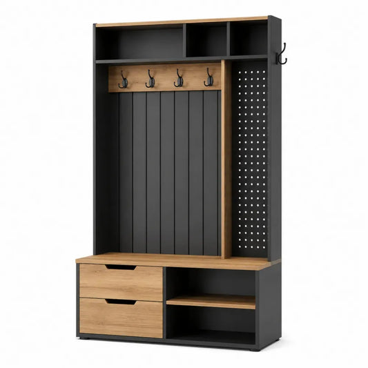 Mueble de entrada vertical de aglomerado con perchero banco 2 cajones estantes y ganchos negros color negro y madera natural 120 x 40 x 180 cm