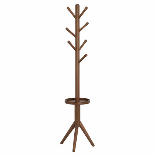 Perchero de pie tipo árbol de madera de caucho con base trípode bandeja circular y 8 ganchos marrón 45 x 45 x 175 cm